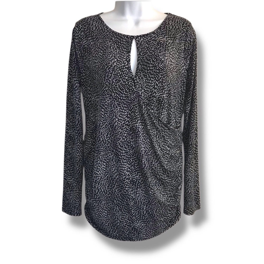 🔴 4/$15 Motherhood Maternity B&W Print LS Stretchy Tunic Blouse size M in EUC